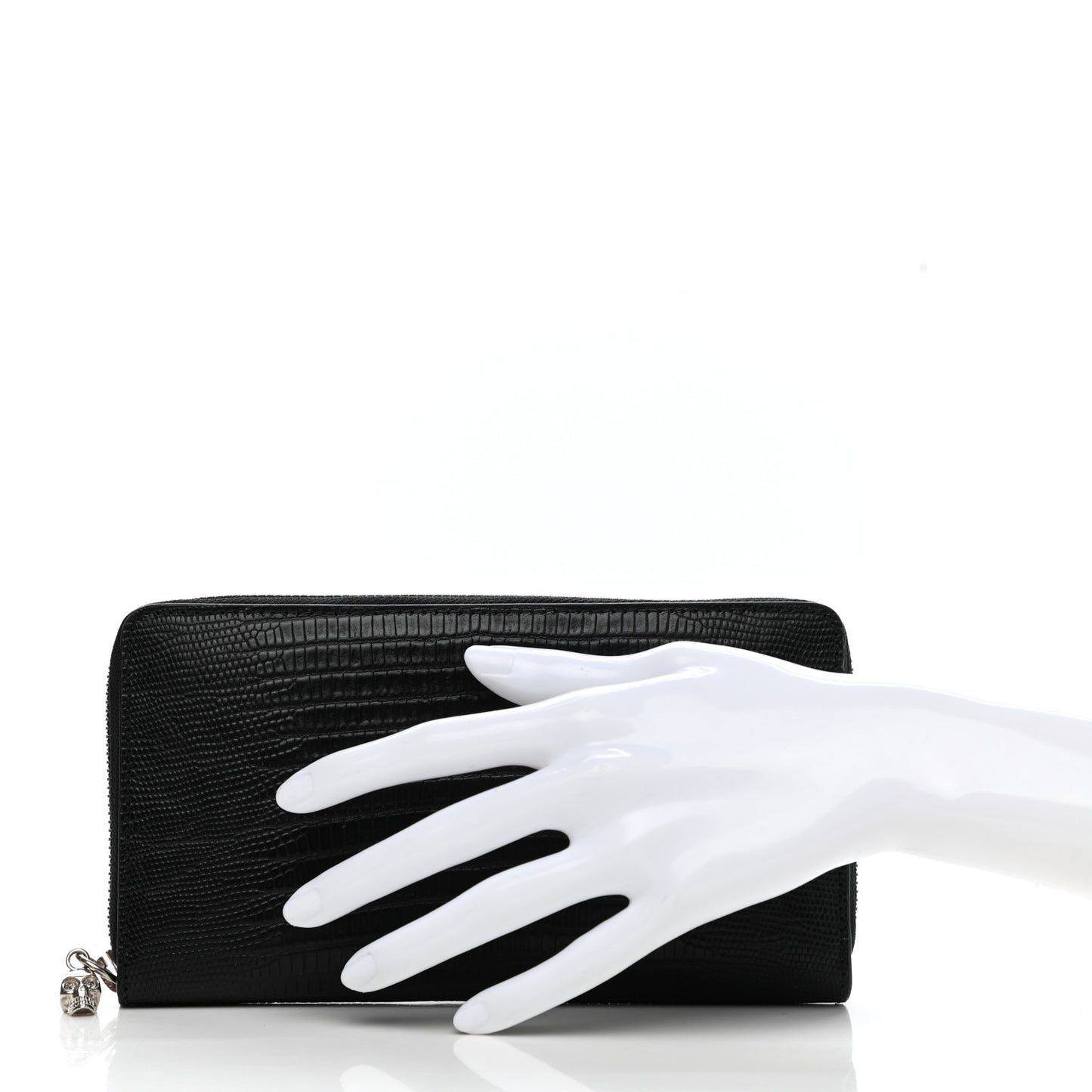 Calfskin Lizard Embossed Skull Continental Zip Wallet Black