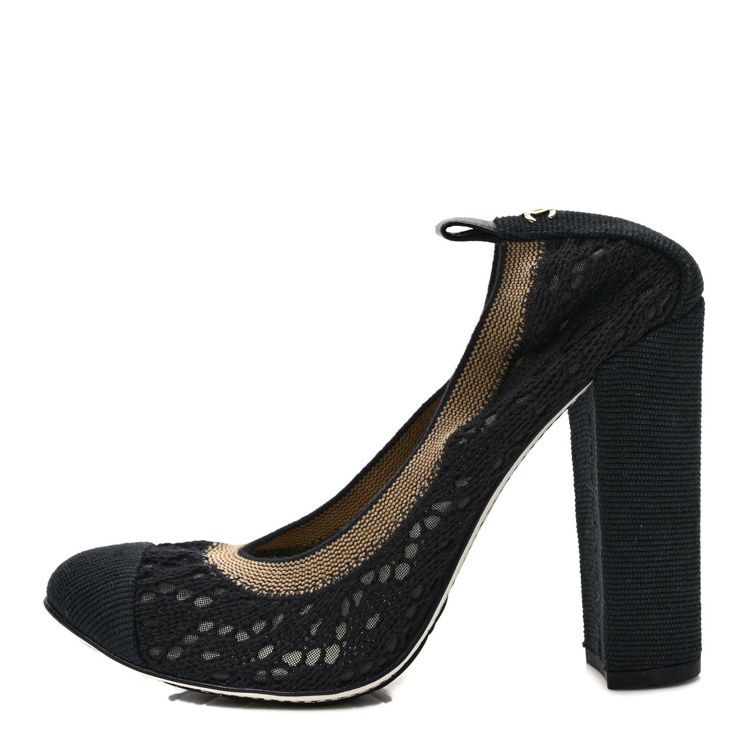 Chanel Knit Lace Grosgrain Cap Toe CC Pumps 37.5 Black Beige 1 of 8
