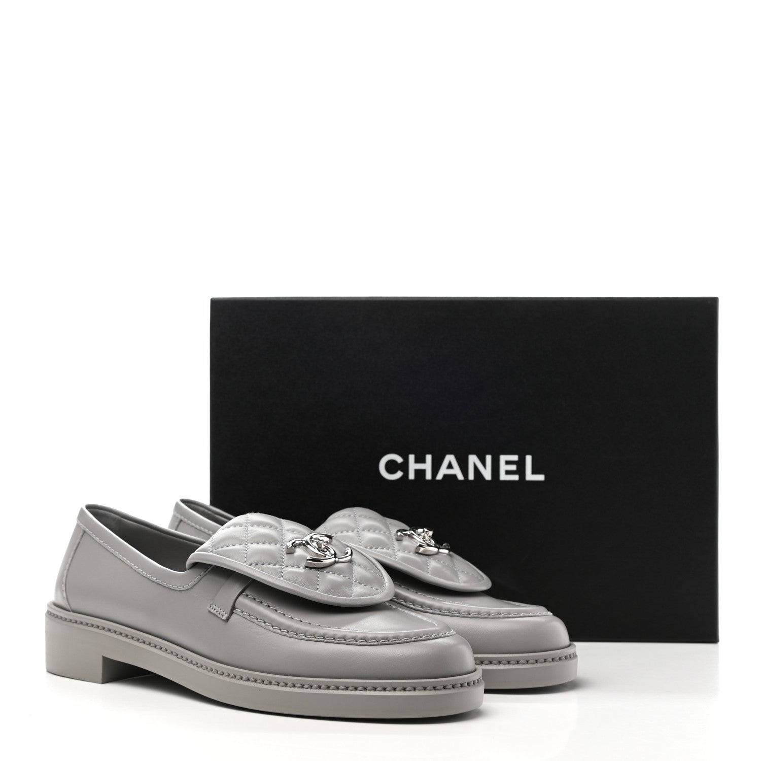 Chanel Lambskin Quilted CC Turnlock Loafers 39 Grey 9 of 9