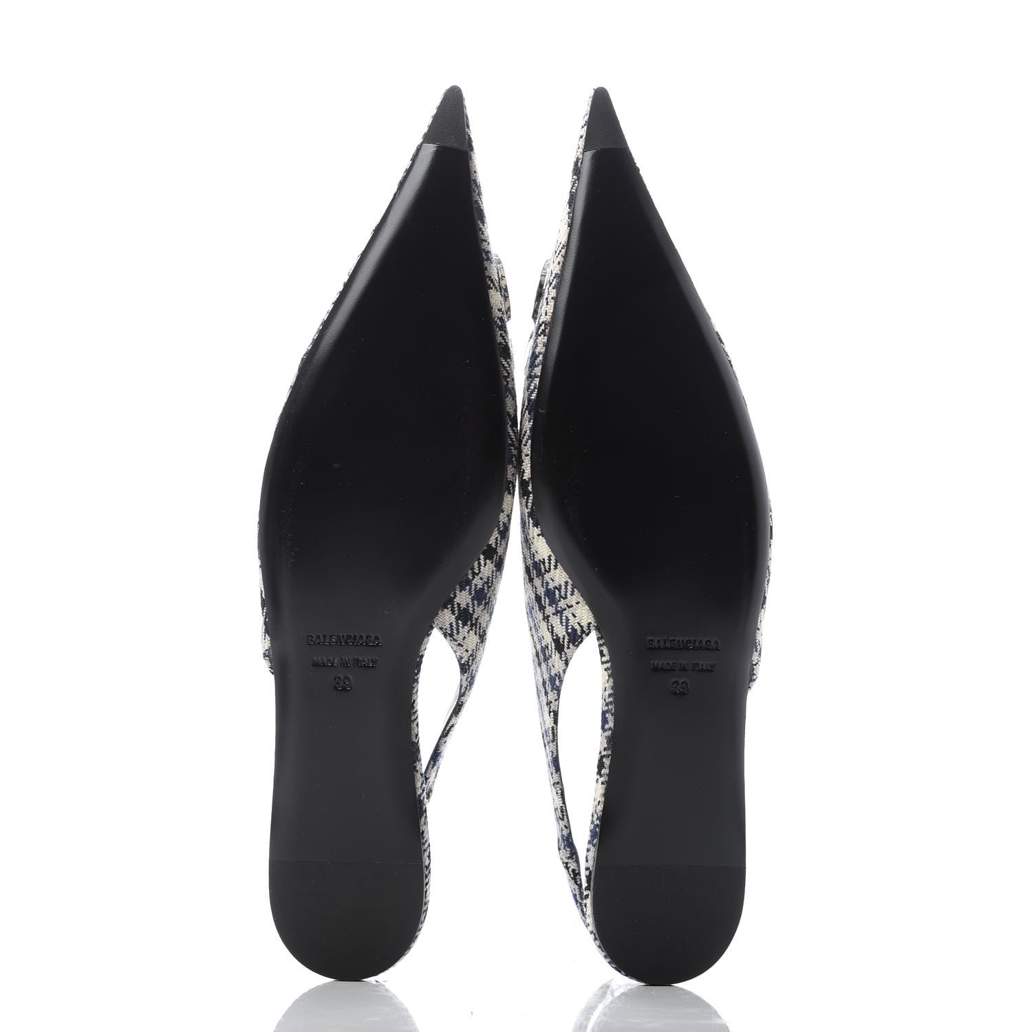 Balenciaga Tweed Prince Of Wales BB Knife Pointy Toe Slingback Flats 39 Beige Navy Silver 5 of 9