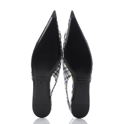 Balenciaga Tweed Prince Of Wales BB Knife Pointy Toe Slingback Flats 39 Beige Navy Silver 5 of 9