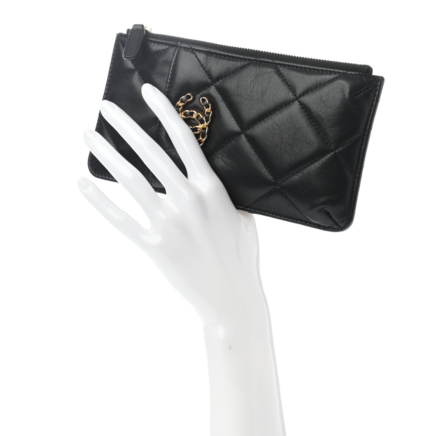 Shiny Goatskin Quilted Chanel 19 Flat Wallet Pouch Black