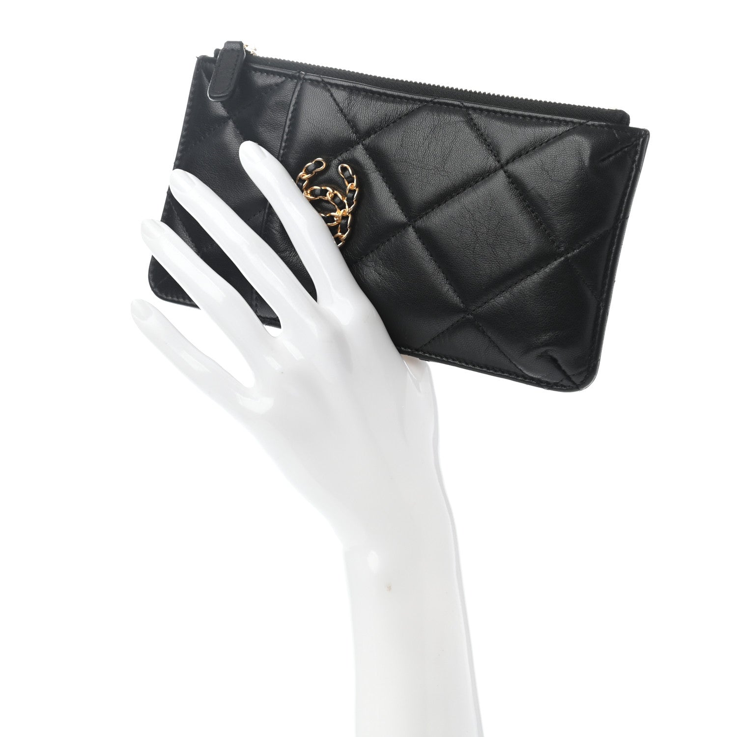 Chanel Shiny Goatskin Quilted Chanel 19 Flat Wallet Pouch Black 2 of 7