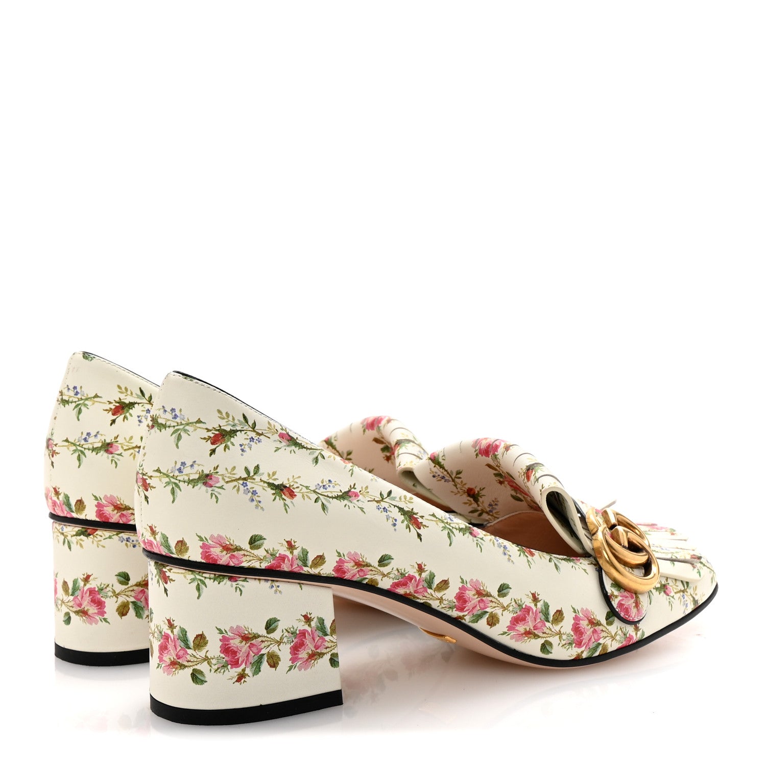 Gucci Calfskin Rose Print GG Marmont Fringe 50mm Loafer Pumps 39.5 Ivory Multicolor 5 of 10