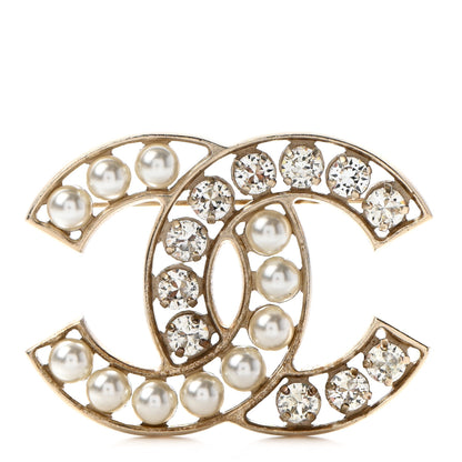 Chanel Pearl Crystal CC Brooch Gold Pearly White 1 of 5
