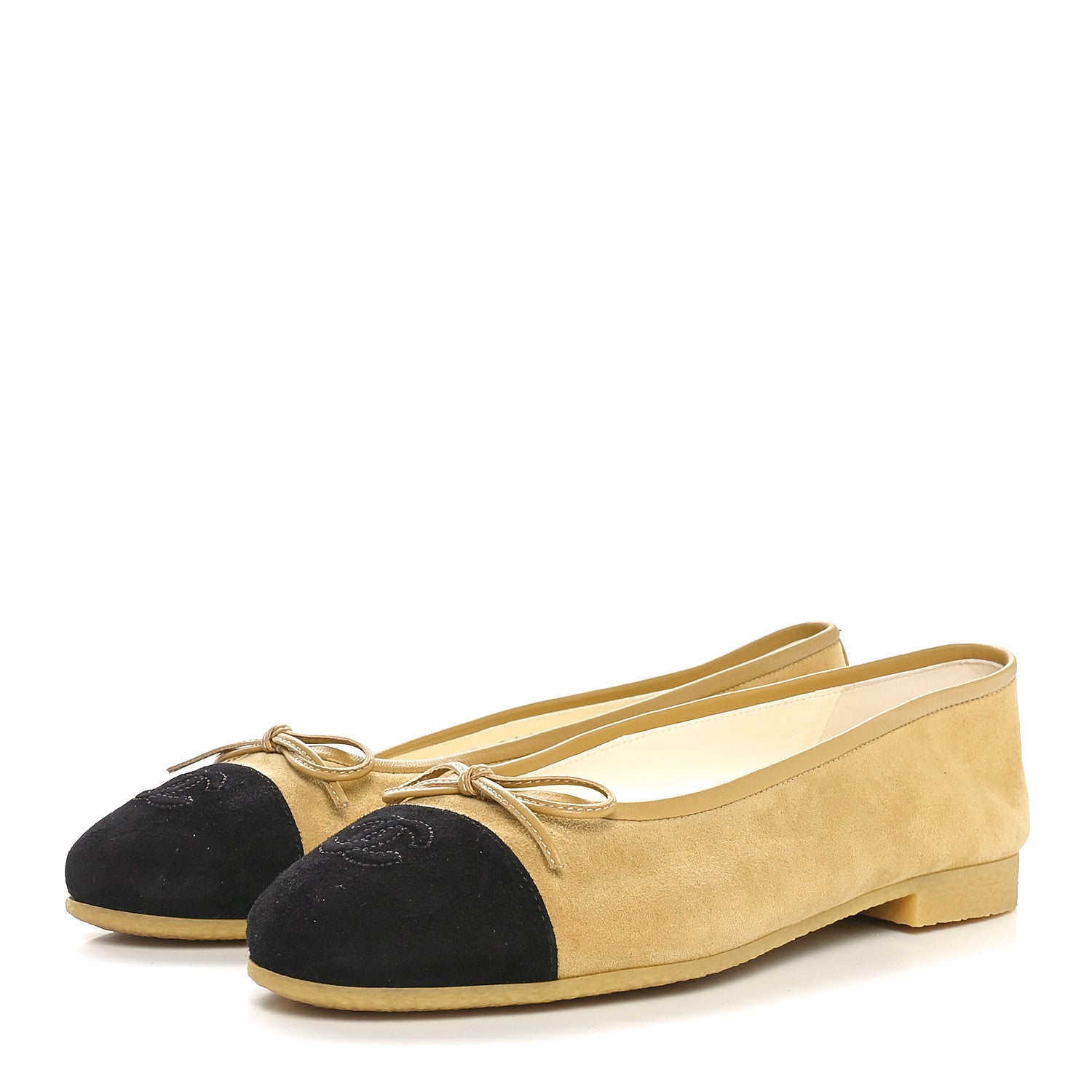 Chanel Suede Cap Toe CC Ballerina Flats 37 Beige Black 3 of 7