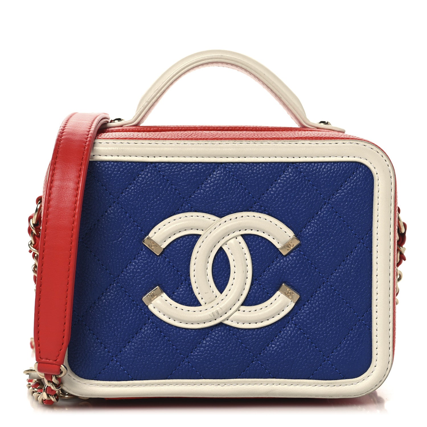 Chanel Caviar Quilted Small CC Filigree Vanity Case Blue White Red 1 of 10
