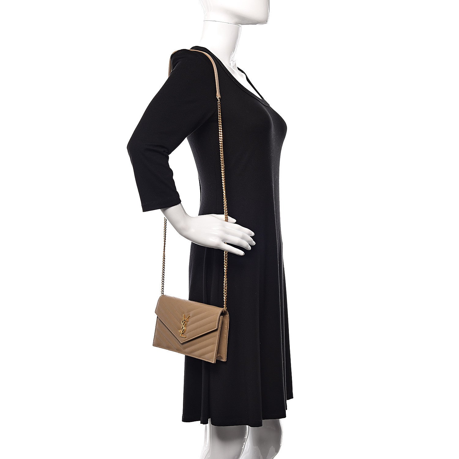 Saint Laurent Grain De Poudre Matelasse Chevron Monogram Envelope Chain Wallet Dark Latte 2 of 12