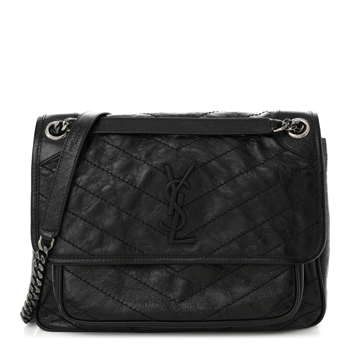 Crinkled Calfskin Matelasse Monogram Medium Niki Chain Satchel Black