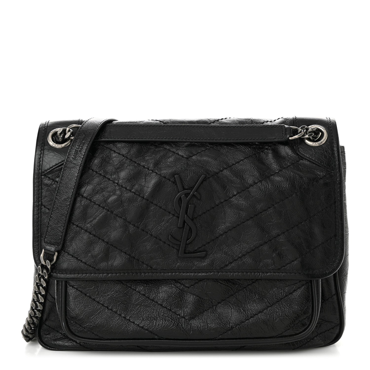 Saint Laurent Crinkled Calfskin Matelasse Monogram Medium Niki Chain Satchel Black 1 of 10