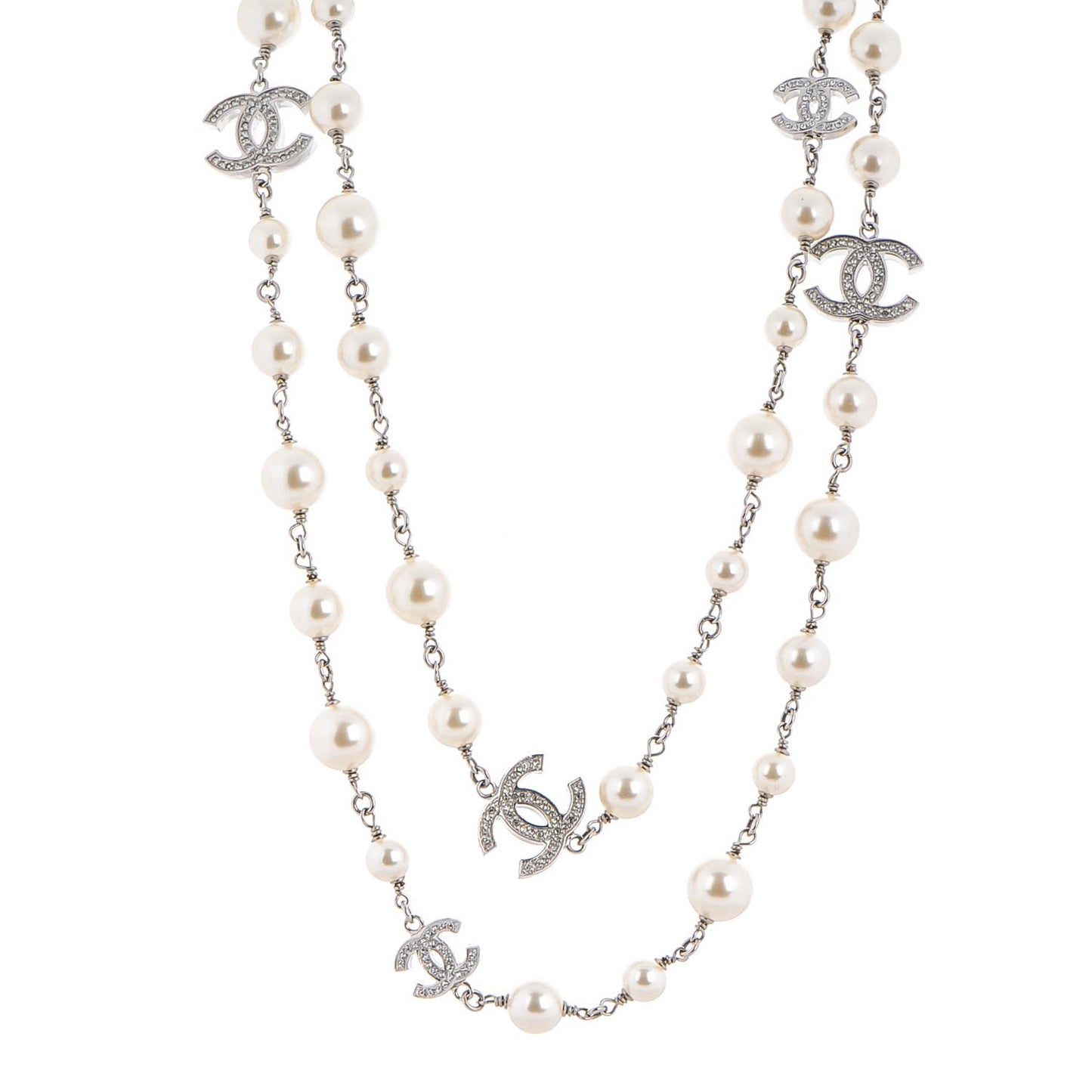 Crystal Pearl CC Long Necklace Silver