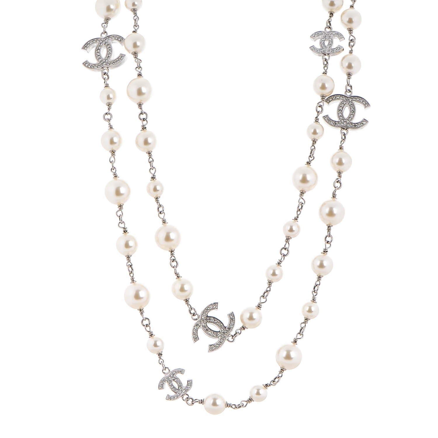 Chanel Crystal Pearl CC Long Necklace Silver 1 of 4