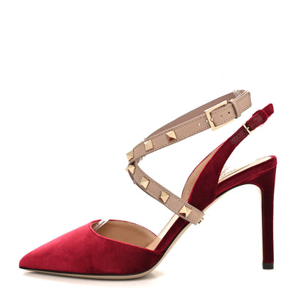 Valentino Garavani Velvet Calfskin Rockstud Cross Strap Slingback 90mm Pumps 36 Rubino Poudre 1 of 8