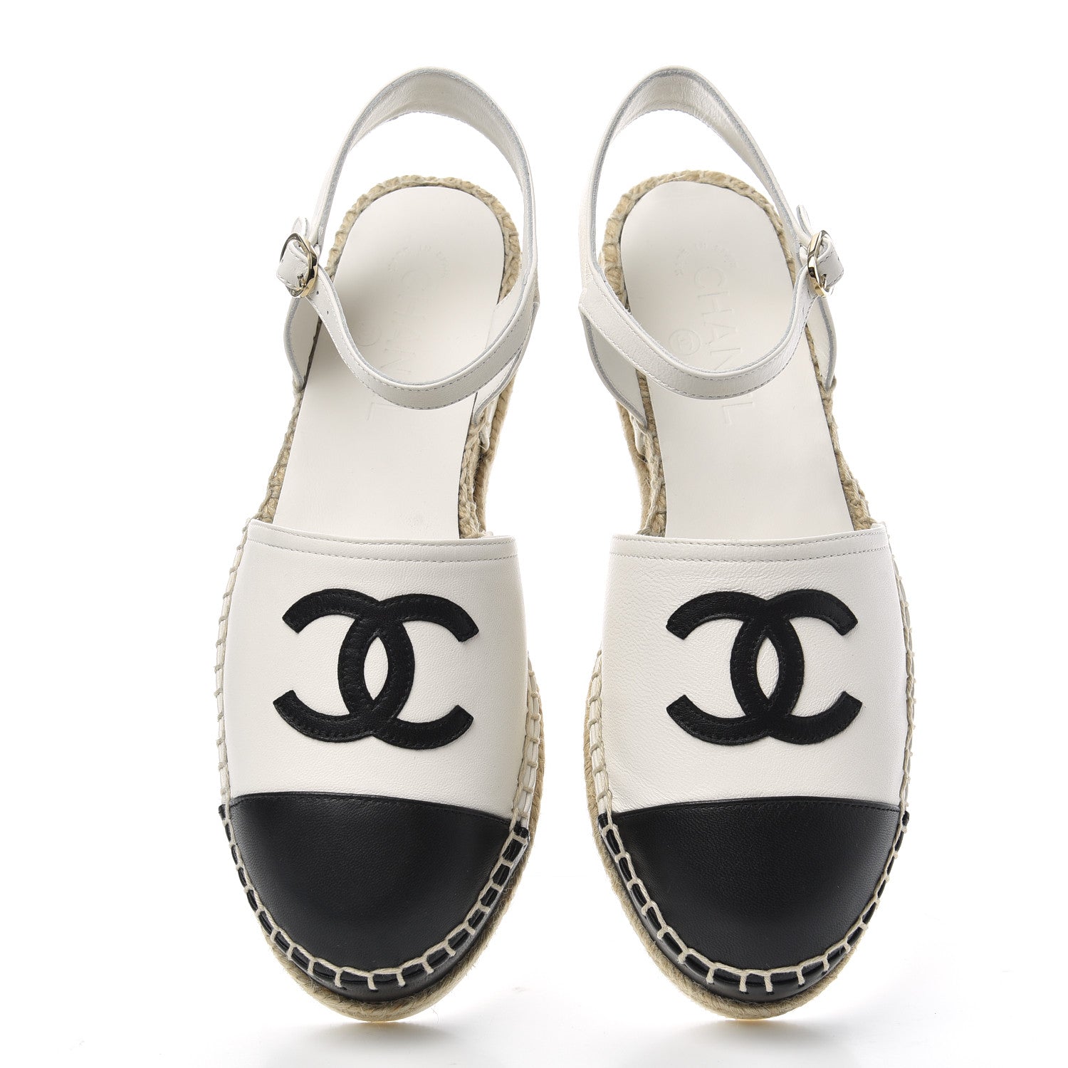 Chanel Lambskin Cap Toe CC Espadrille Sandals 38 Black White 5 of 11