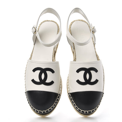 Chanel Lambskin Cap Toe CC Espadrille Sandals 38 Black White 5 of 11