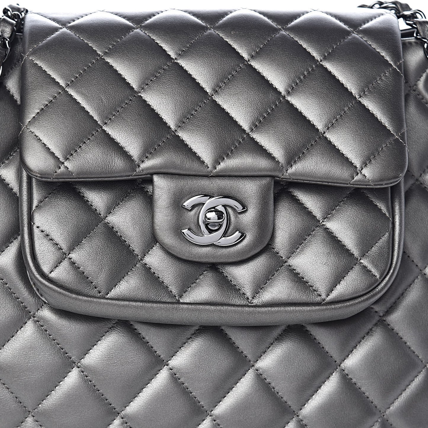 Metallic Calfskin Quilted Flap Tote Dark Silver