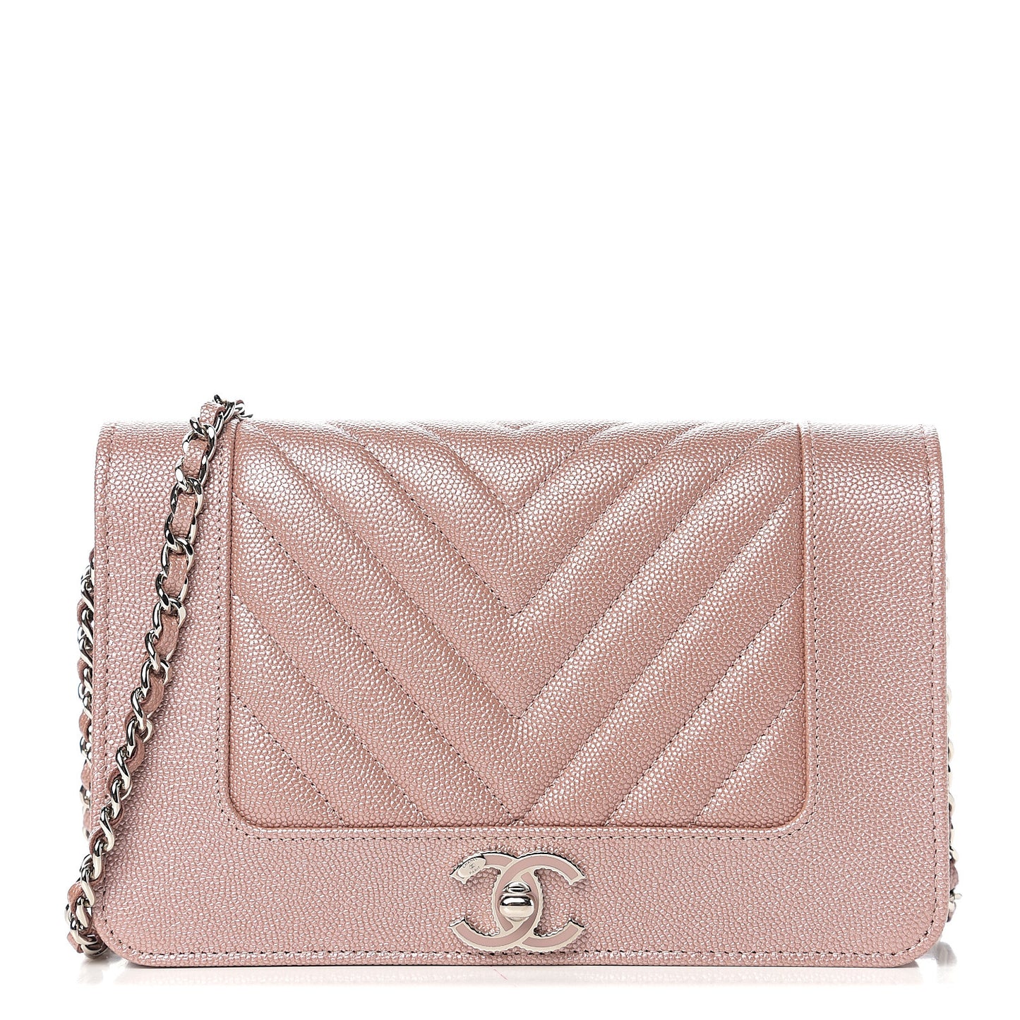 Metallic Caviar Chevron Quilted Vintage Mademoiselle Wallet On Chain WOC Pink