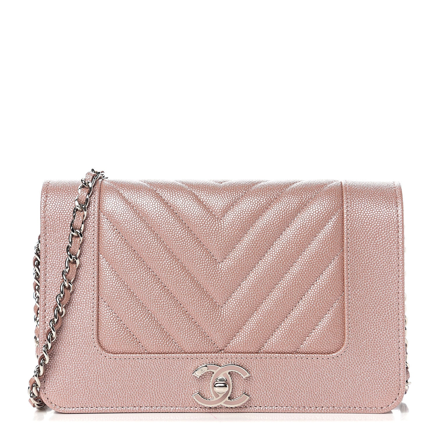 Chanel Metallic Caviar Chevron Quilted Vintage Mademoiselle Wallet On Chain WOC Pink 1 of 11