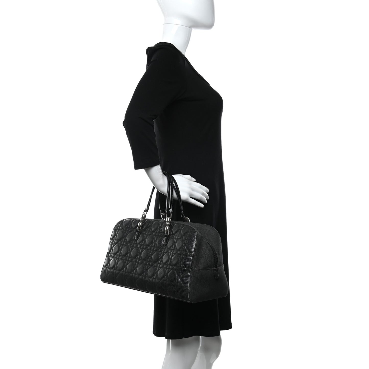 Denim Patent Perforated Cannage Satchel Black