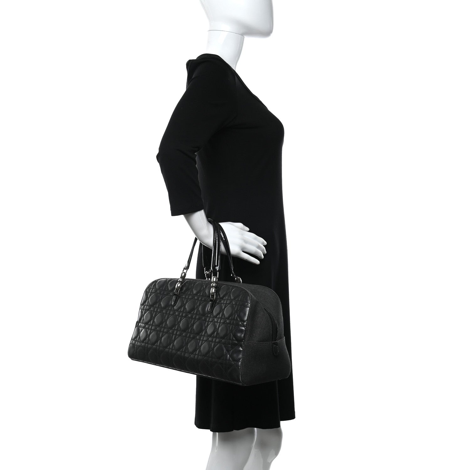 Christian Dior Denim Patent Perforated Cannage Satchel Black 2 of 14
