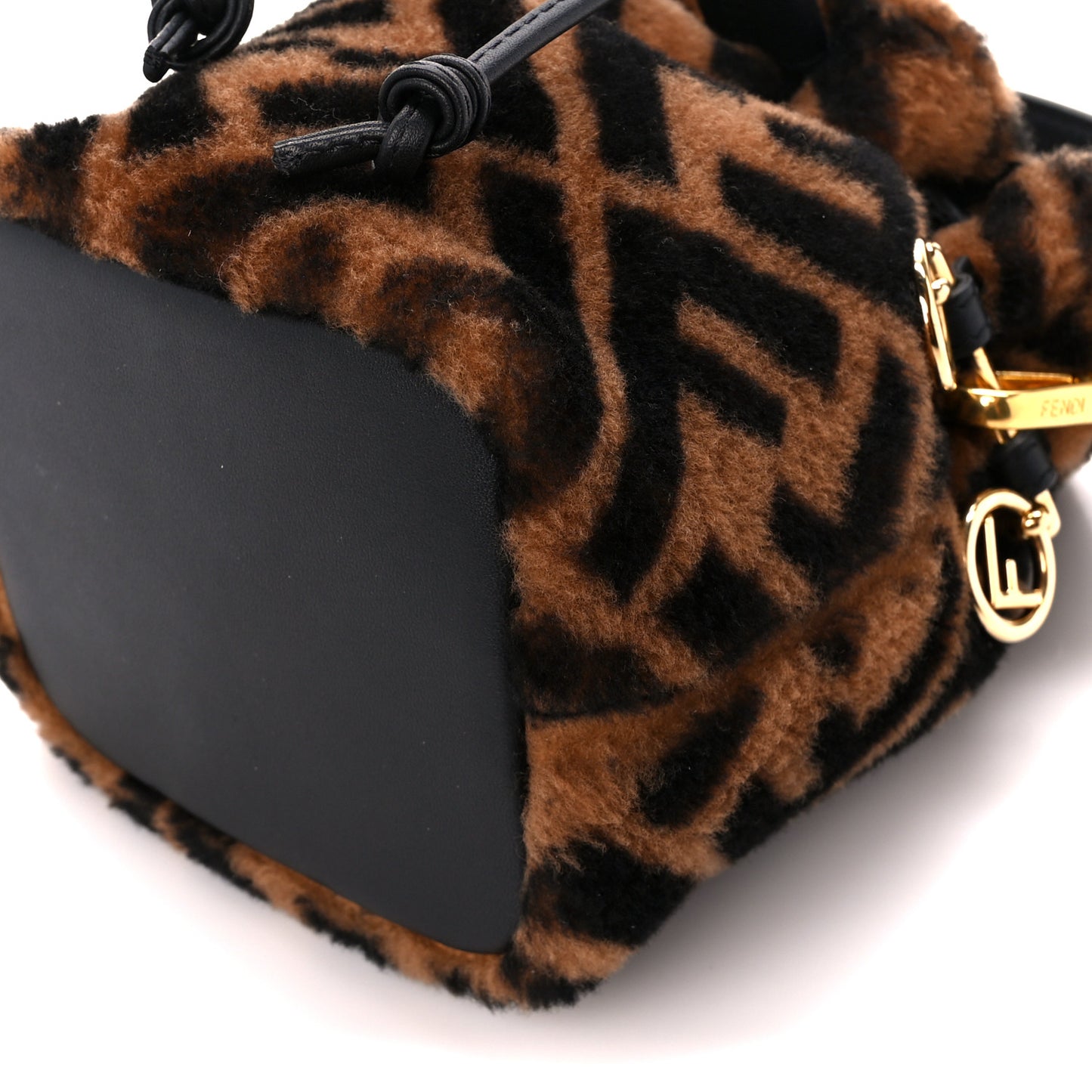 Shearling Vitello Dolce F is Fendi Macro FF 1974 Mini Mon Tresor Bucket Bag Tobacco Black