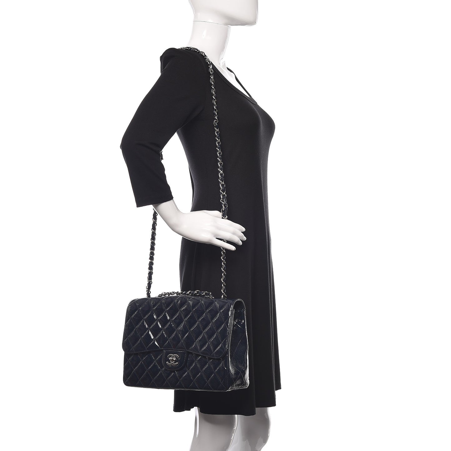 Distressed Patent Quilted Jumbo Single Flap Navy