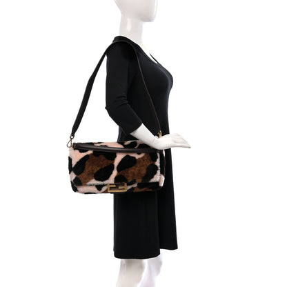 Fendi Shearling Vitello Dolce Leopard Print Large Baguette Pink Brown Multicolor 2 of 9