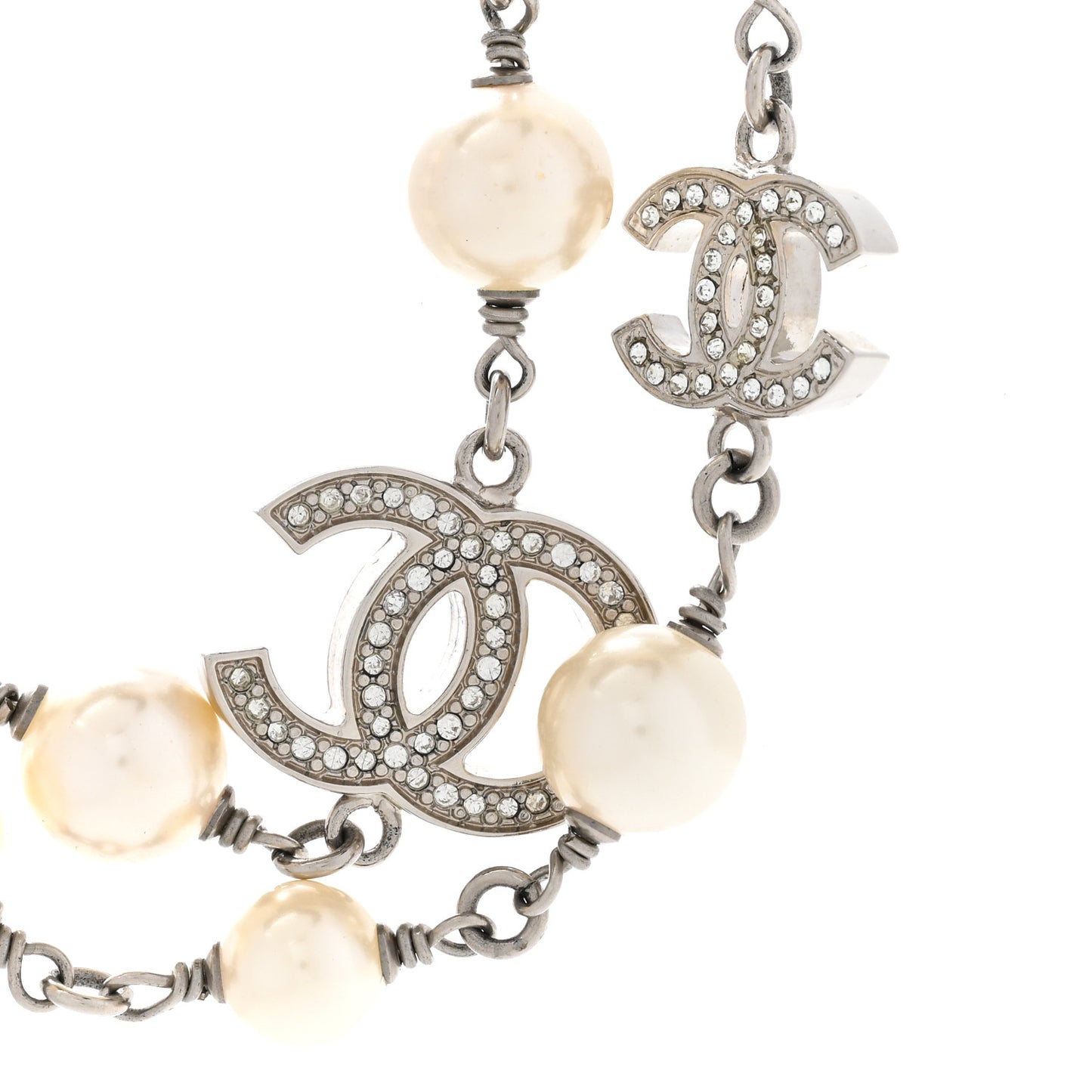 Graduated Pearl Crystal CC Long Necklace Silver