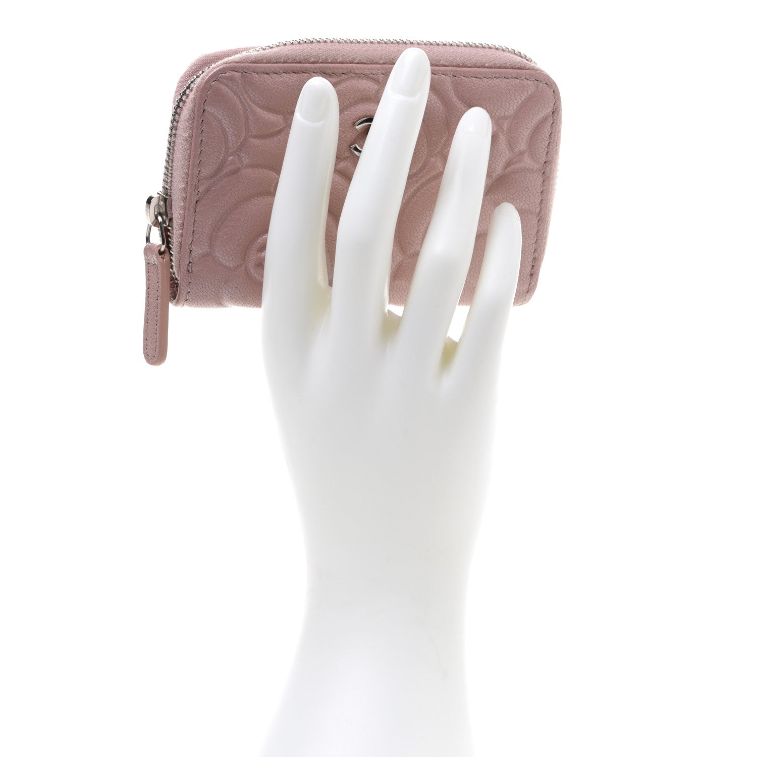 Chanel Goatskin Camellia Embossed Zip Coin Purse Light Pink 2 of 7