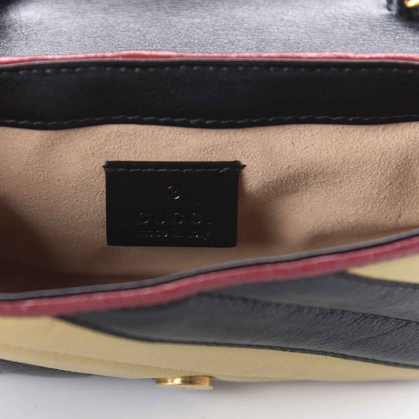 Vintage Effect Calfskin Matelasse Diagonal Striped Super Mini Torchon GG Marmont Shoulder Bag Black Beige