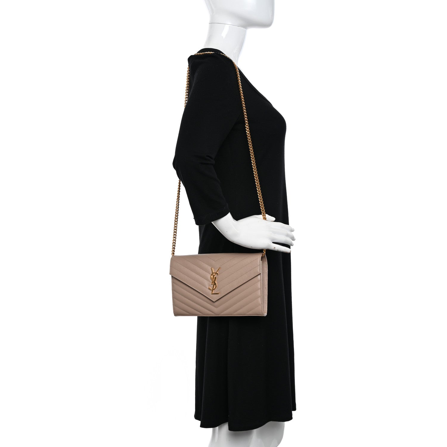 Saint Laurent Grain De Poudre Matelasse Chevron Monogram Chain Wallet Dark Beige 2 of 9