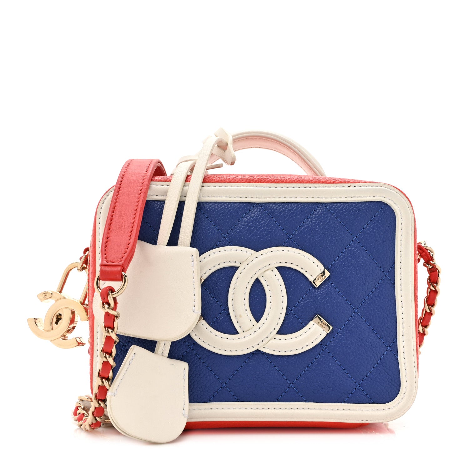 Chanel Caviar Quilted Small CC Filigree Vanity Case Blue White Red 1 of 17