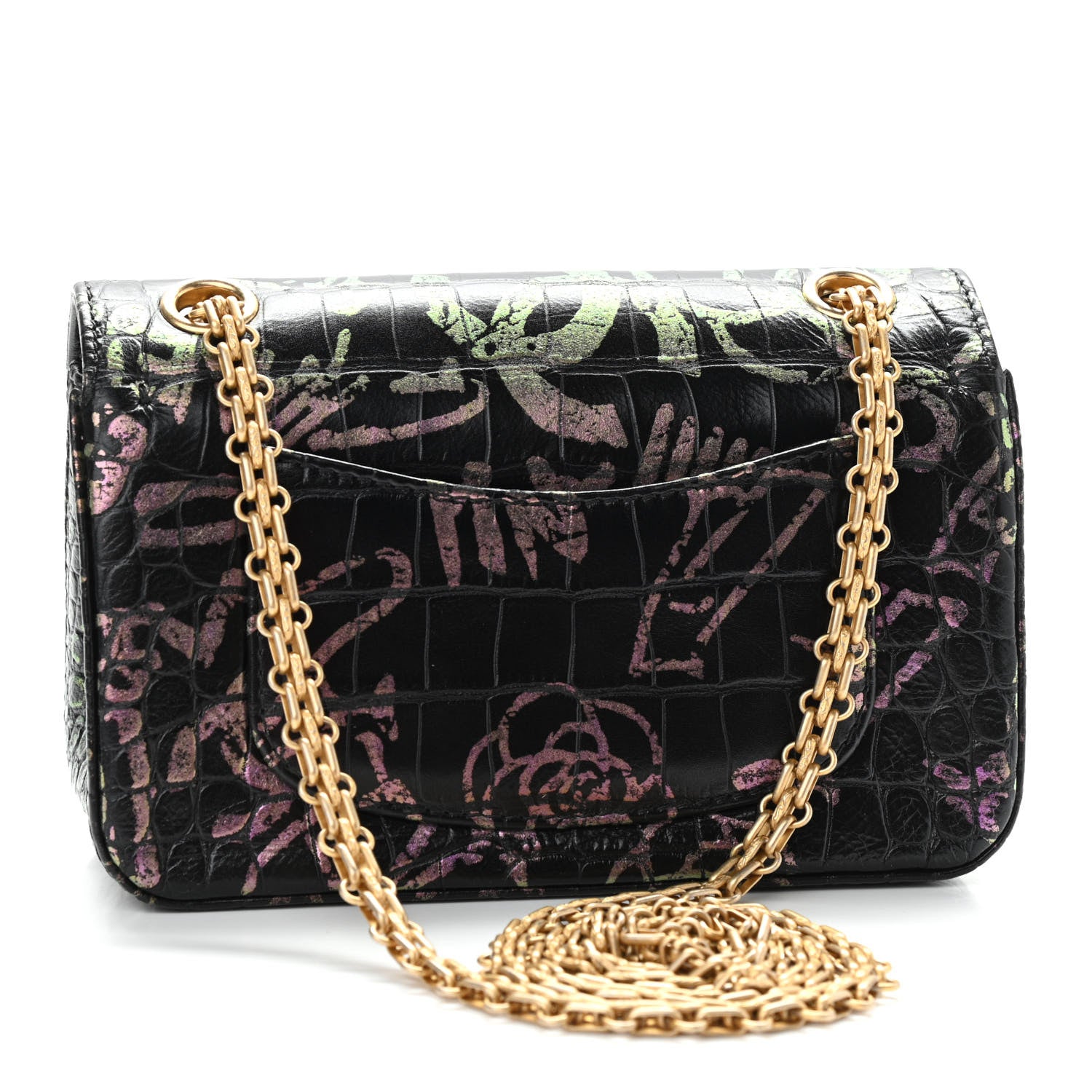 Chanel Calfskin Crocodile Embossed Graffiti 2.55 Mini Cocodile Reissue Flap Black Pink 3 of 11