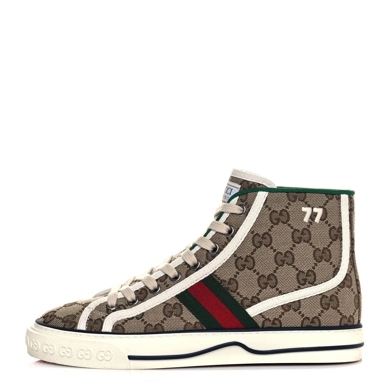 Gucci GG Monogram Web Womens 1977 Tennis High Top Sneakers 37 Beige Ebony Mystic White 1 of 7