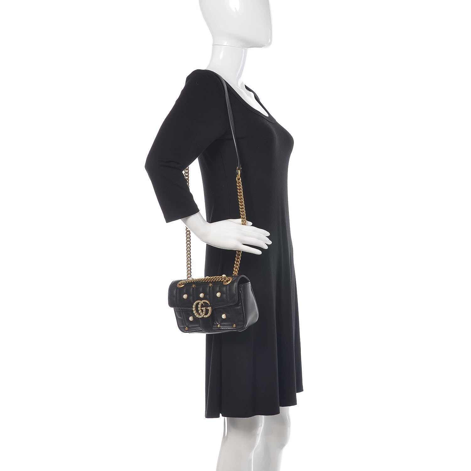 Gucci Calfskin Matelasse Studded Mini Pearly GG Marmont Shoulder Bag Black 2 of 11