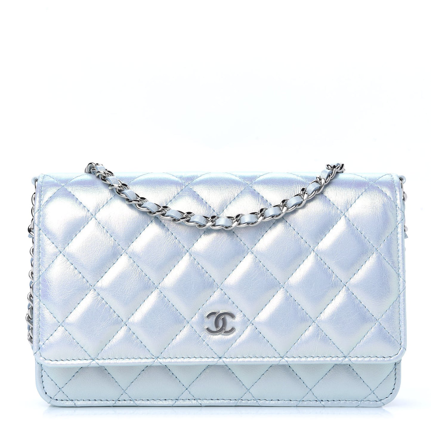 Iridescent Calfskin Quilted Wallet On Chain WOC Light Blue