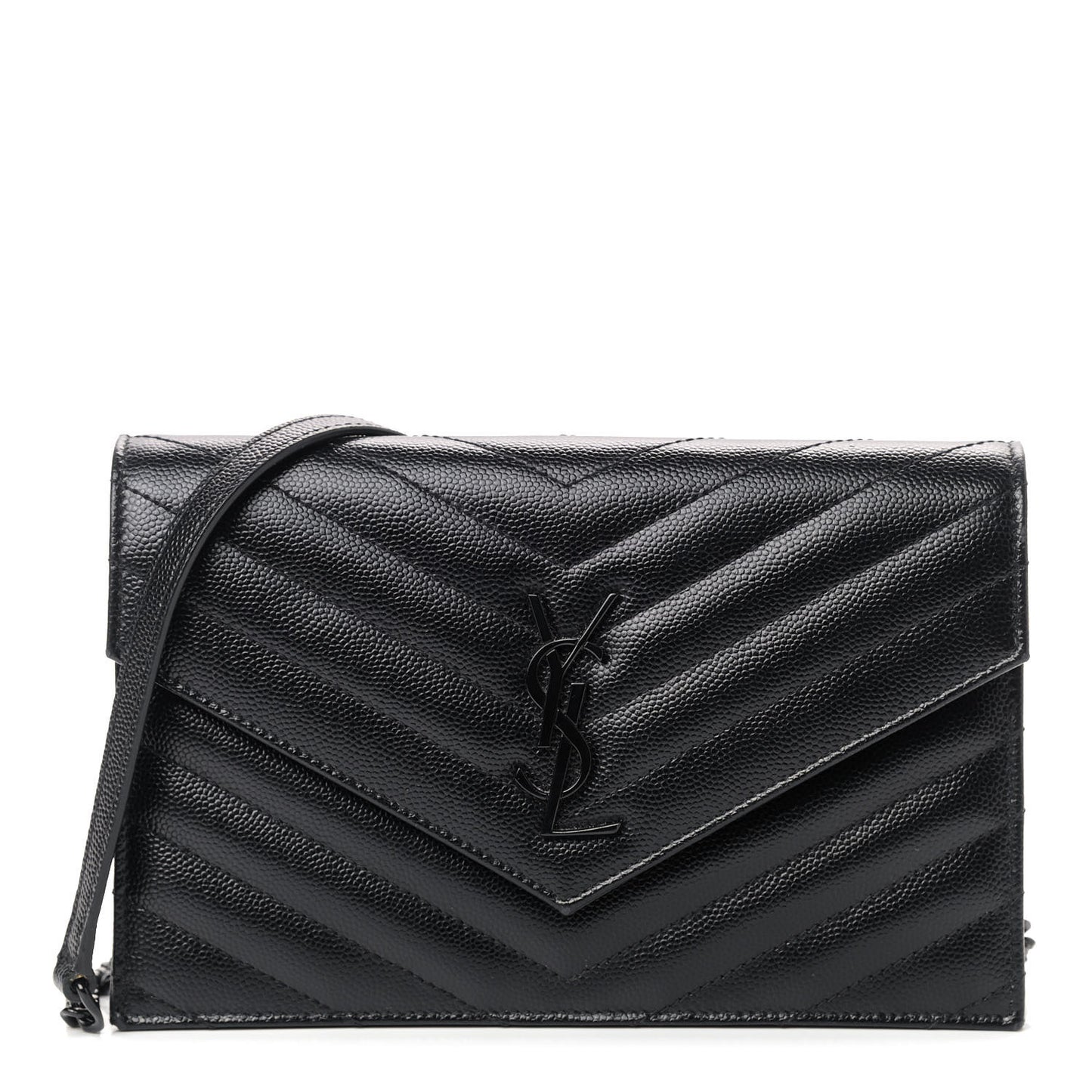 Grain De Poudre Matelasse Chevron Monogram Envelope Chain Wallet Black