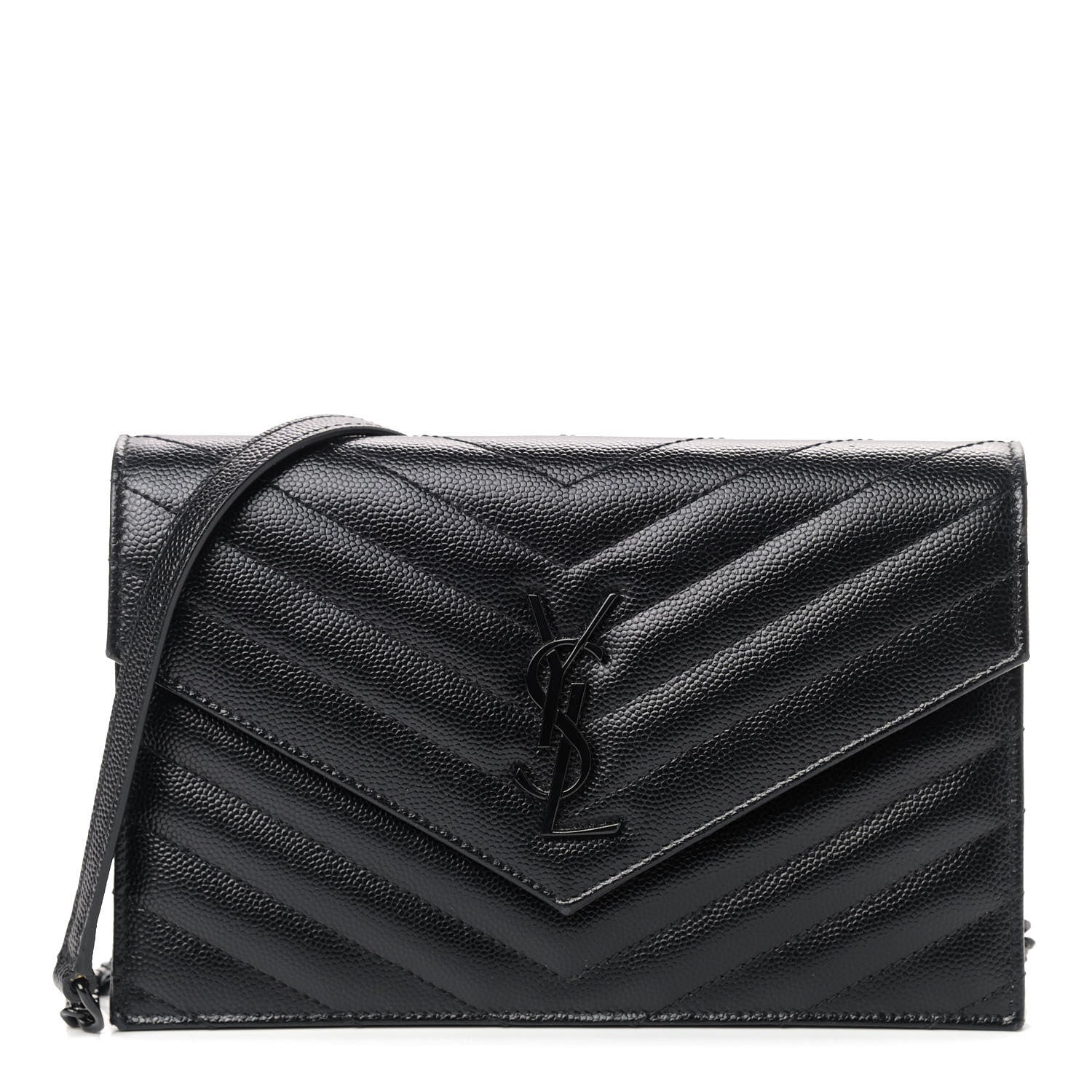 Saint Laurent Grain De Poudre Matelasse Chevron Monogram Envelope Chain Wallet Black 1 of 8