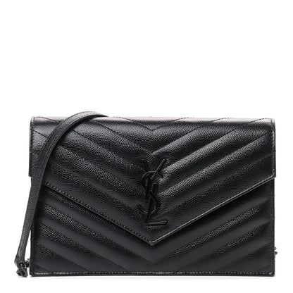 Saint Laurent Grain De Poudre Matelasse Chevron Monogram Envelope Chain Wallet Black 1 of 8