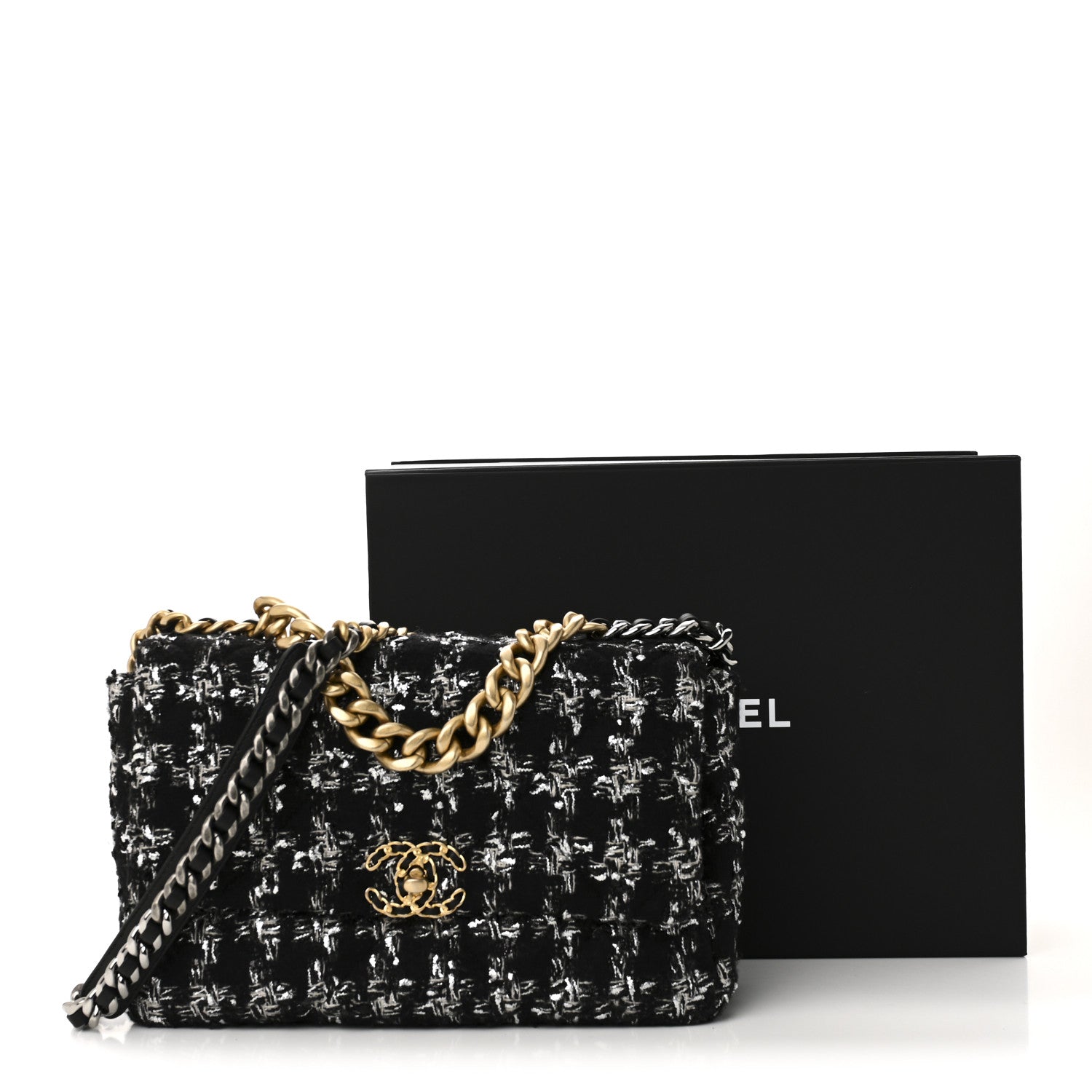 Chanel Tweed Quilted Large Chanel 19 Flap Black Silver Ecru 11 of 11