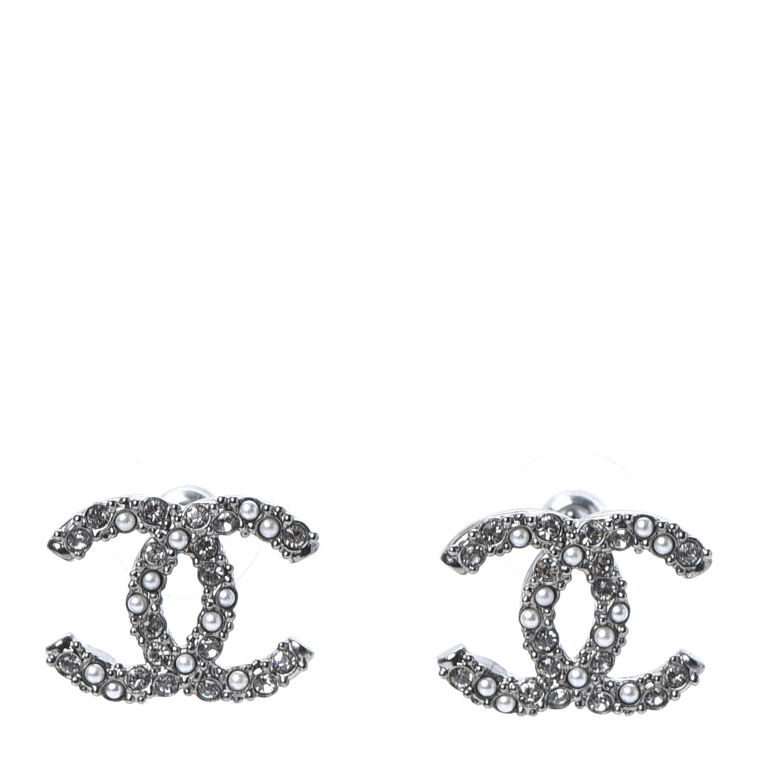 Chanel Crystal Pearl CC Earrings Silver 1 of 5