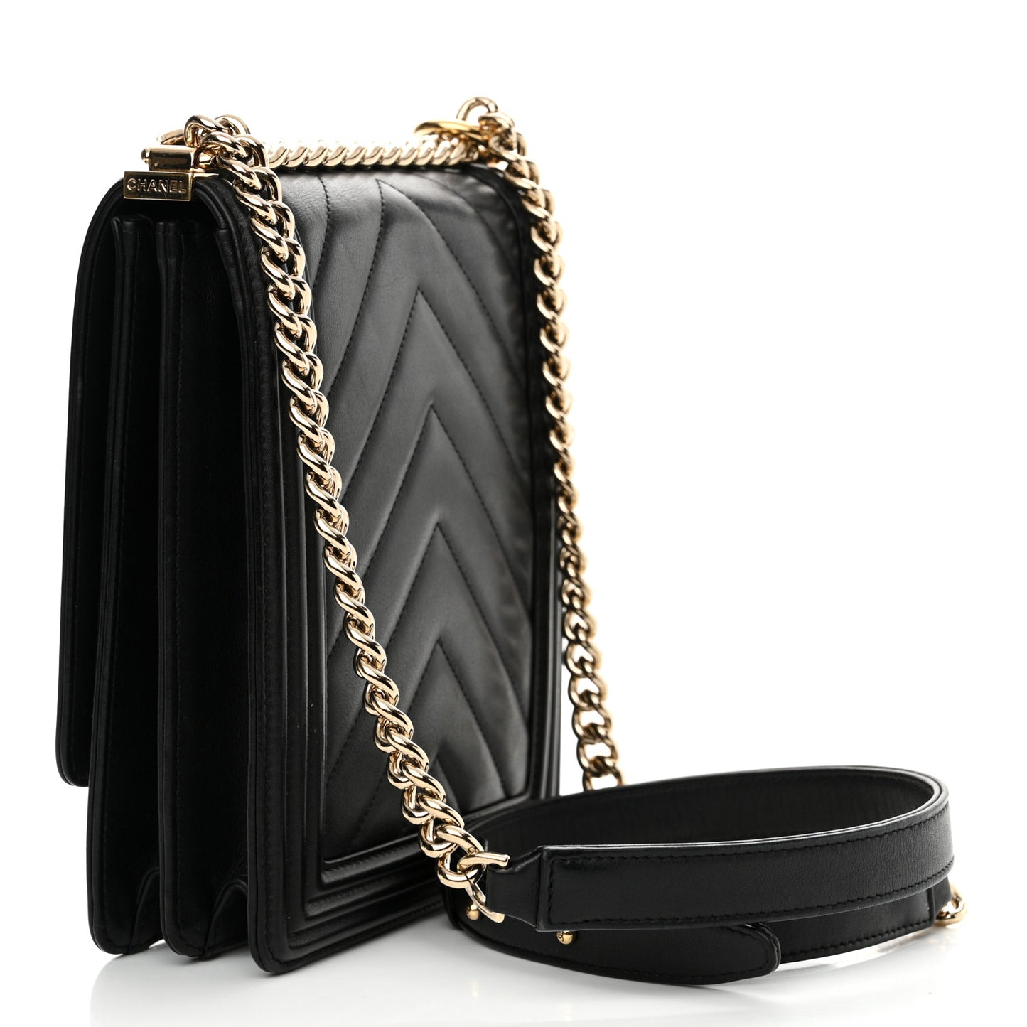 Calfskin Chrevron Quilted North South Boy Flap Black