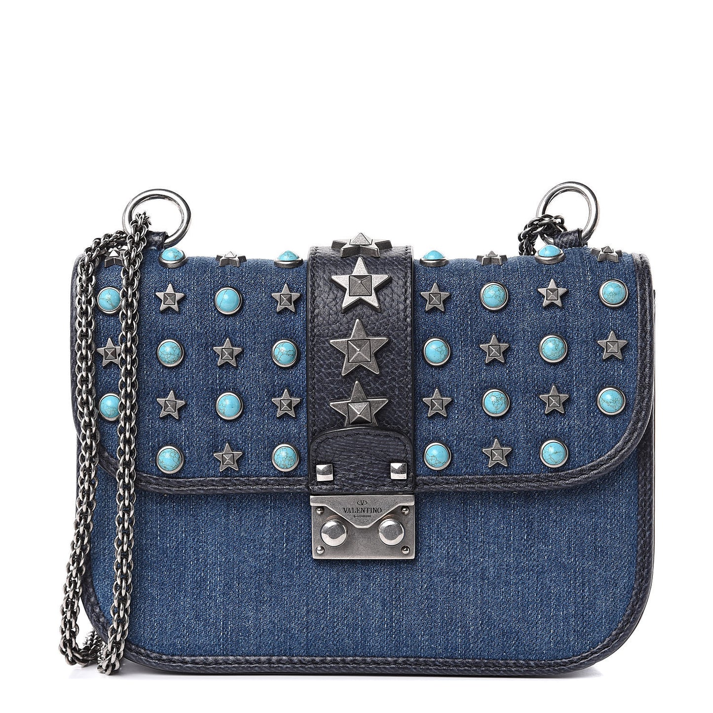 Denim Star Studded Small Lock Flap Blue