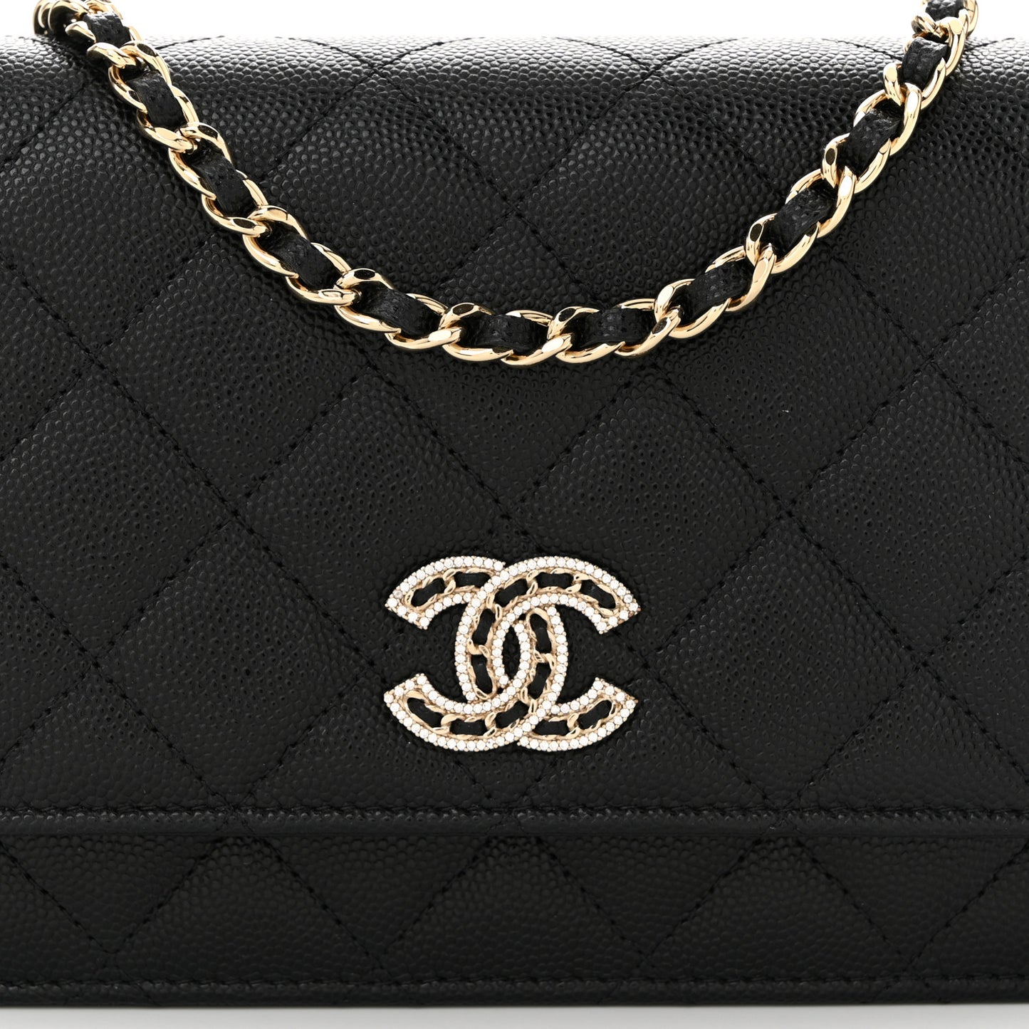 Caviar Quilted Crystal CC Wallet On Chain WOC Black