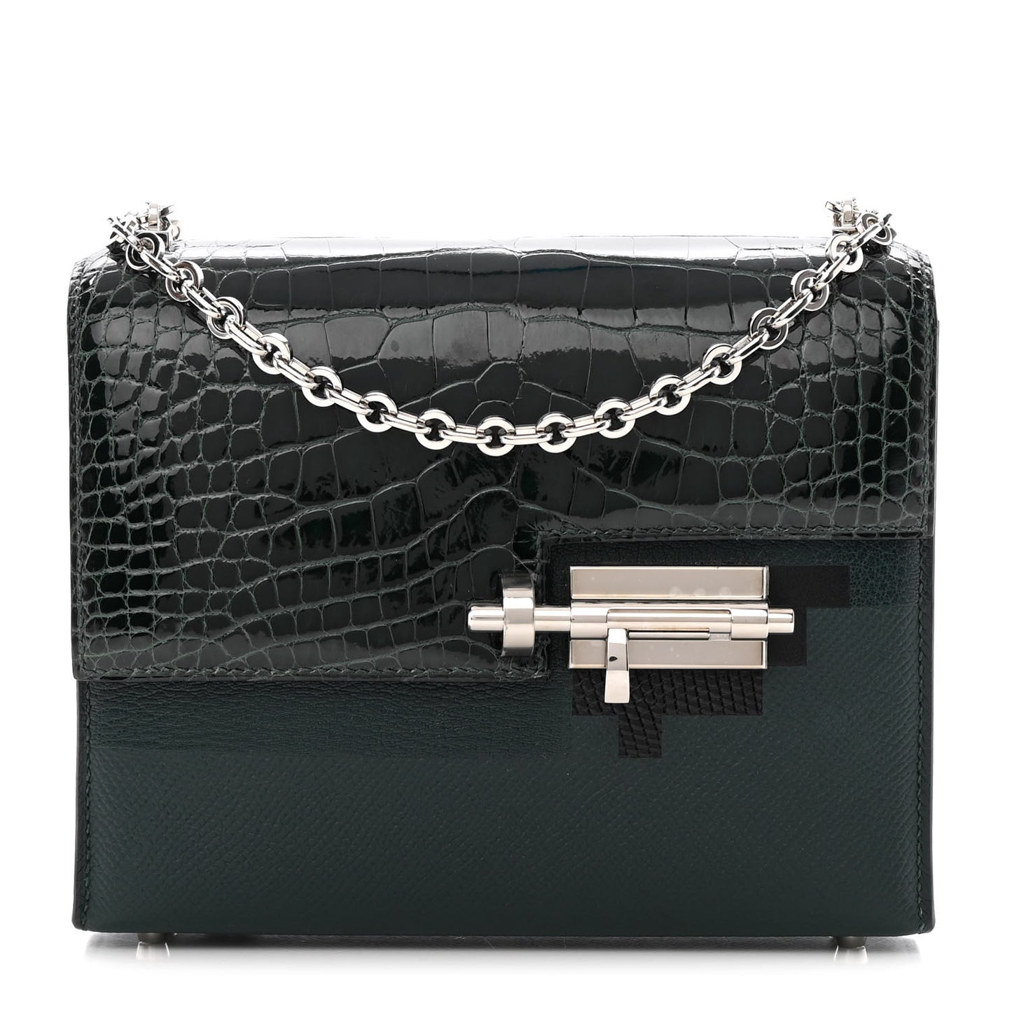 Epsom Shiny Alligator Lizard Chevre Mini Verrou Chaine Bag Vert Cypress Black