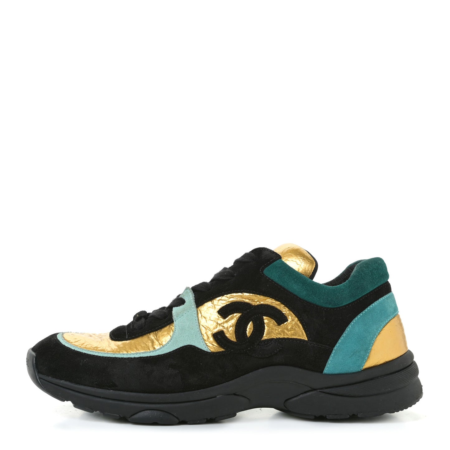 Fabric Calfskin Suede CC Womens Sneakers 41 Black Turquoise Gold