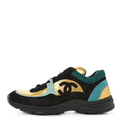Chanel Fabric Calfskin Suede CC Womens Sneakers 41 Black Turquoise Gold 1 of 12