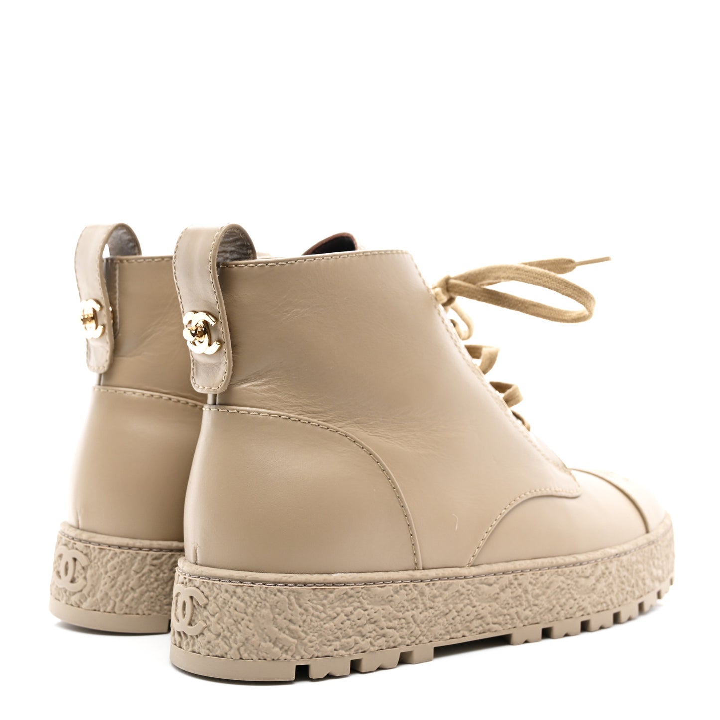 Calfskin CC Turnlock Lace Up Boots 39 Beige
