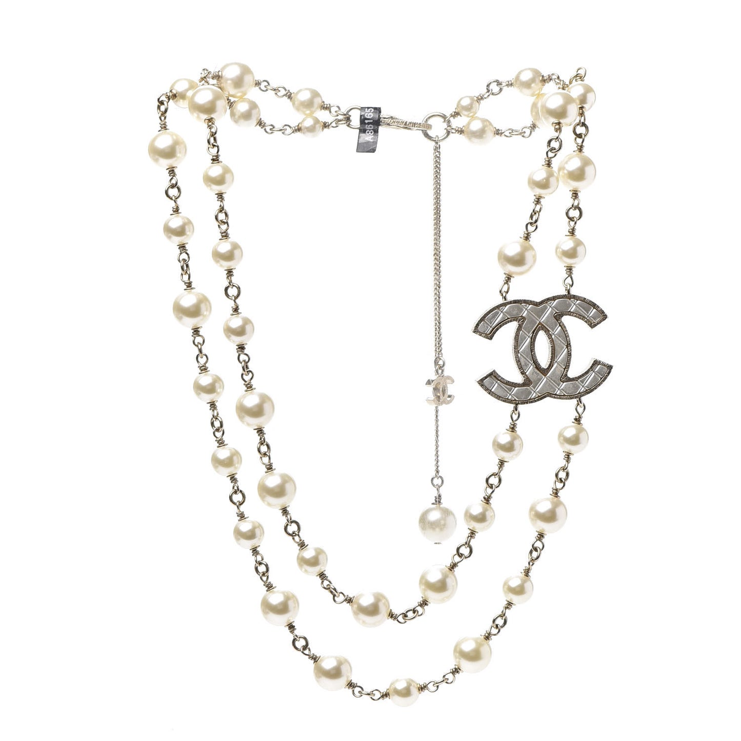 Metal Quilted Pearl CC Long Necklace Light Gold