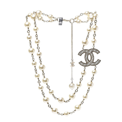 Chanel Metal Quilted Pearl CC Long Necklace Light Gold 3 of 7